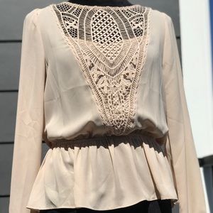 Long Sleeved Peplum Blouse with Lace Front